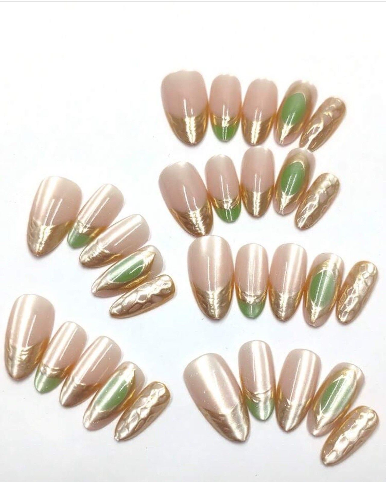 Reusable Long Almond Acrylic Press-On Nails Nude Green Gold 3D Marble