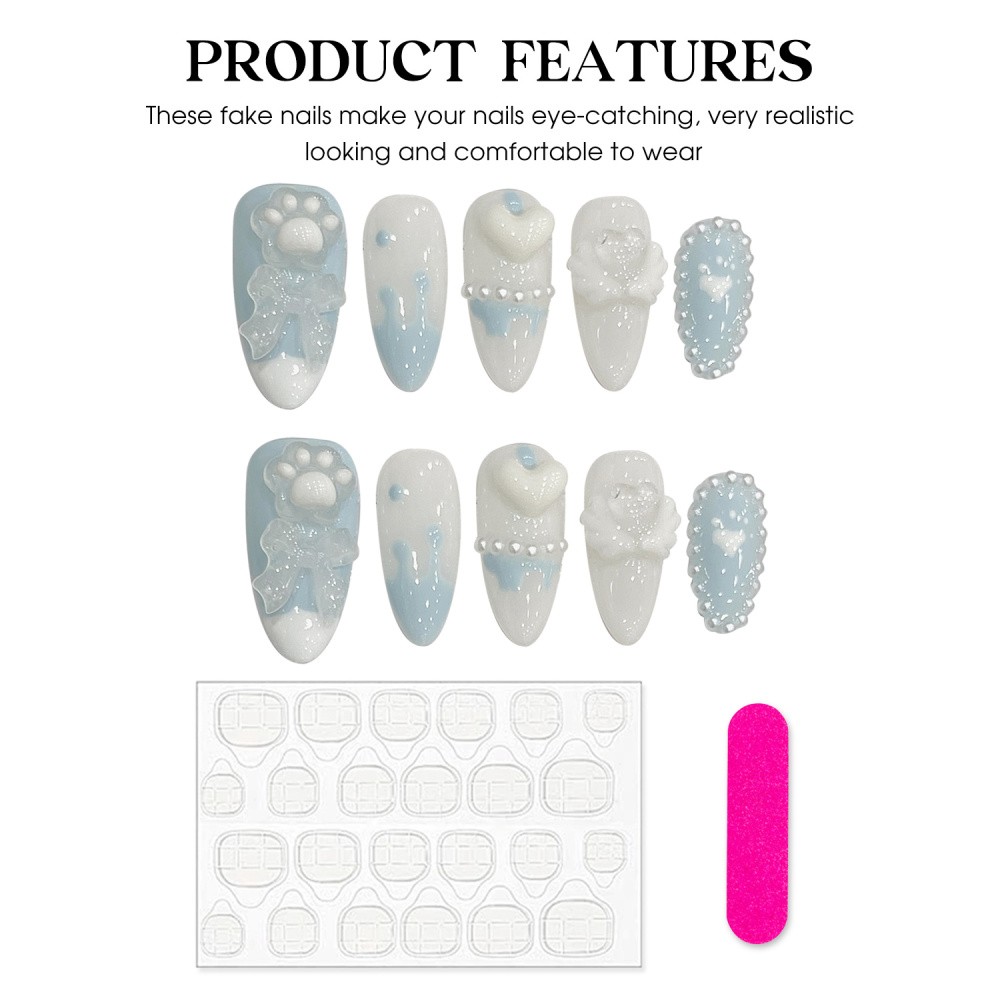 Adorable Press-On Nails Removable with 3D Cat Paw Bow and Heart Nail Art Design