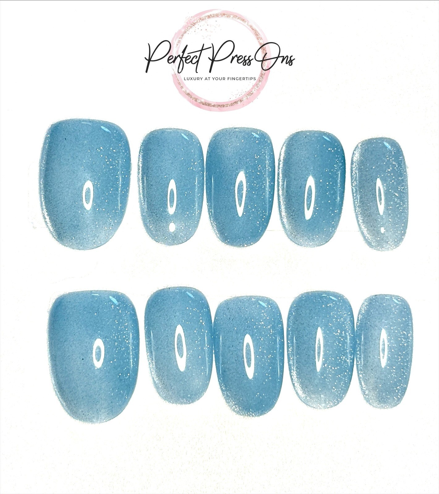 Blue Velvet Cat Eye Press On Nails Medium Shimmer Glitter Ice Blue Luxury 10pc