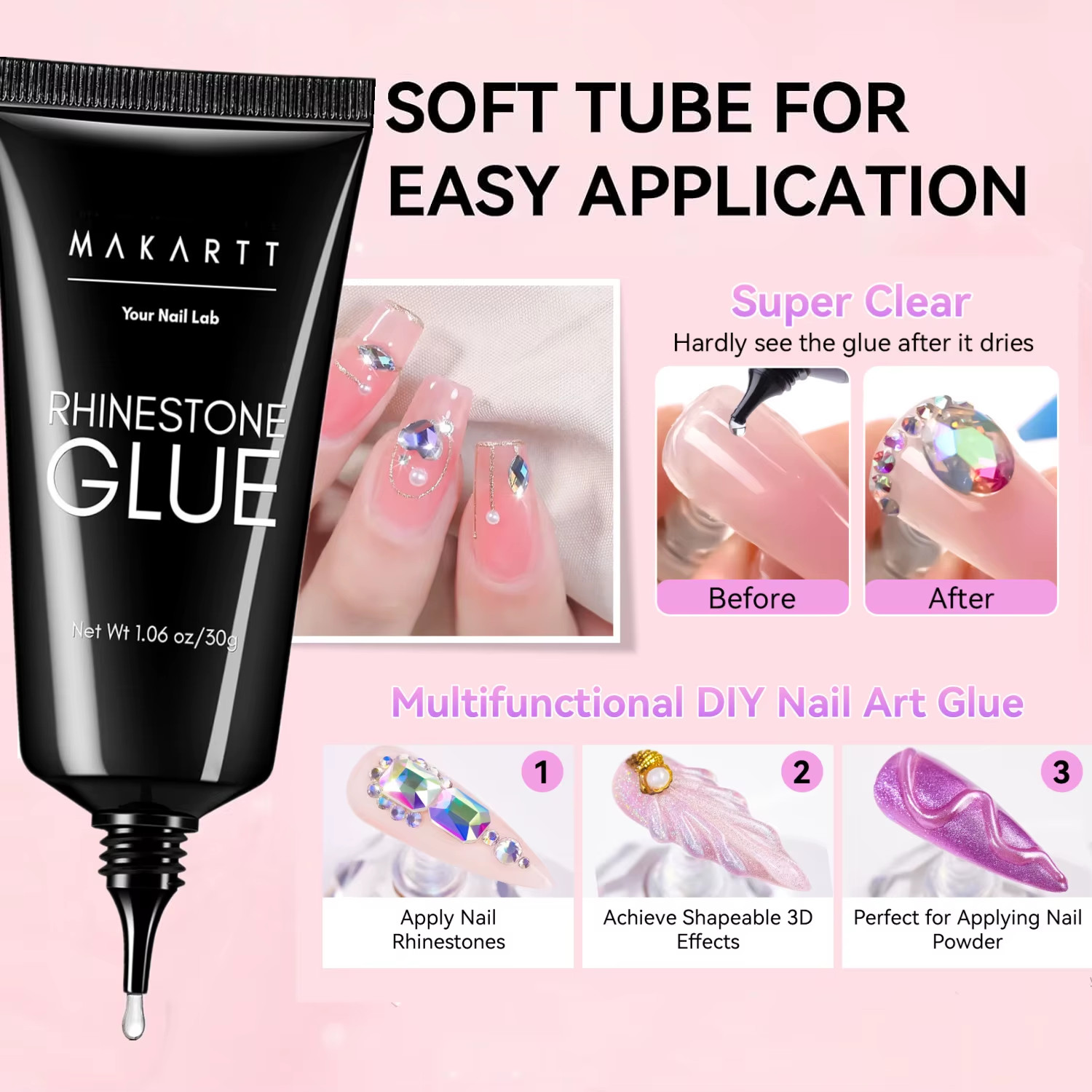 Nail Rhinestone Glue, Gel Nail Glue for Rhinestones for 3D Design Super Strong A