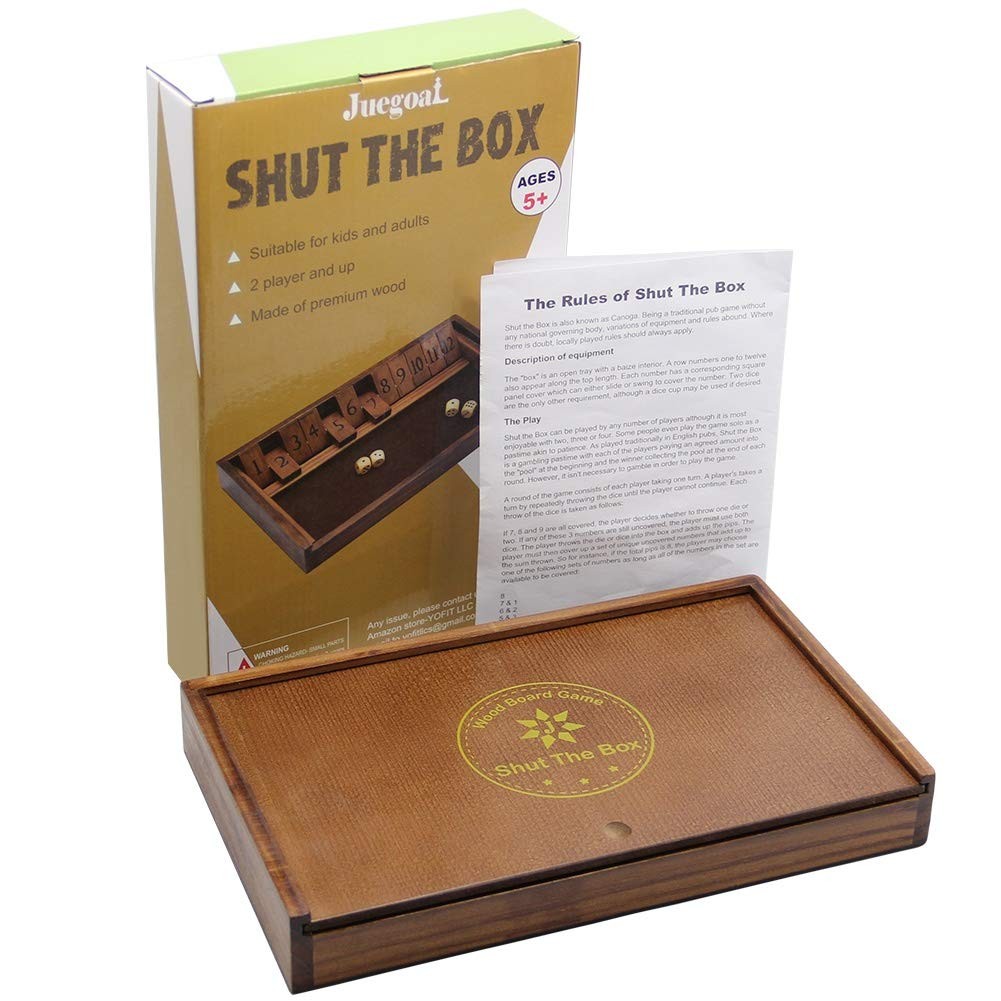 Juegoal Shut The Box Wooden Board Dice Game with 7 x 11.7 x 1.6 inches, Brown