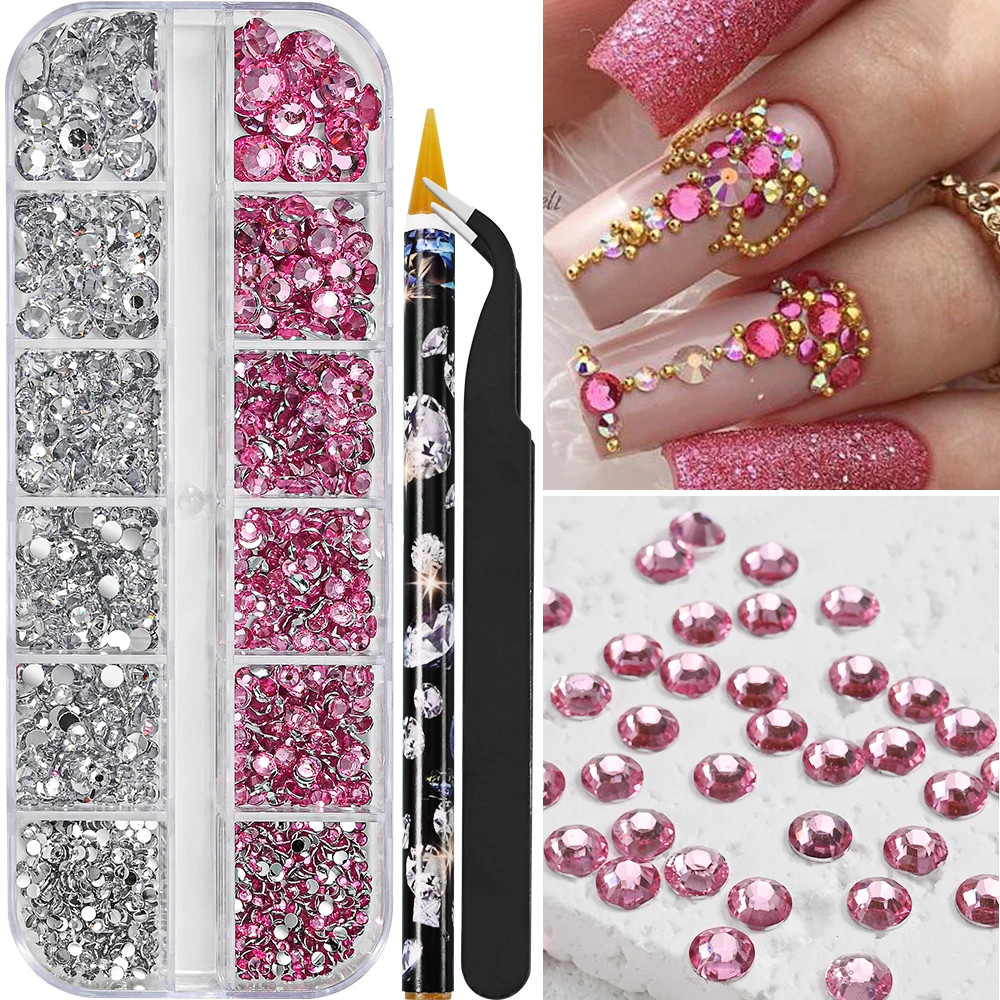 12grids Half Round Pearls Beads 3D Nail Charms 1.5/2/2.5/3/4/5mm White Flatback