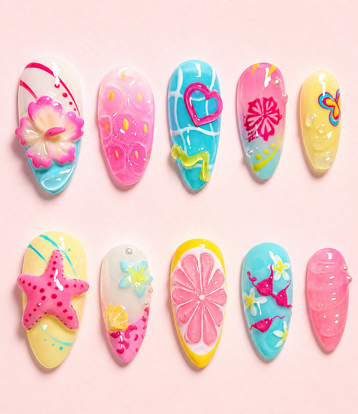 24pcs/ Pack Spring Summer Beach Shell Nail Art | 3D Designs Medium Almond Shape