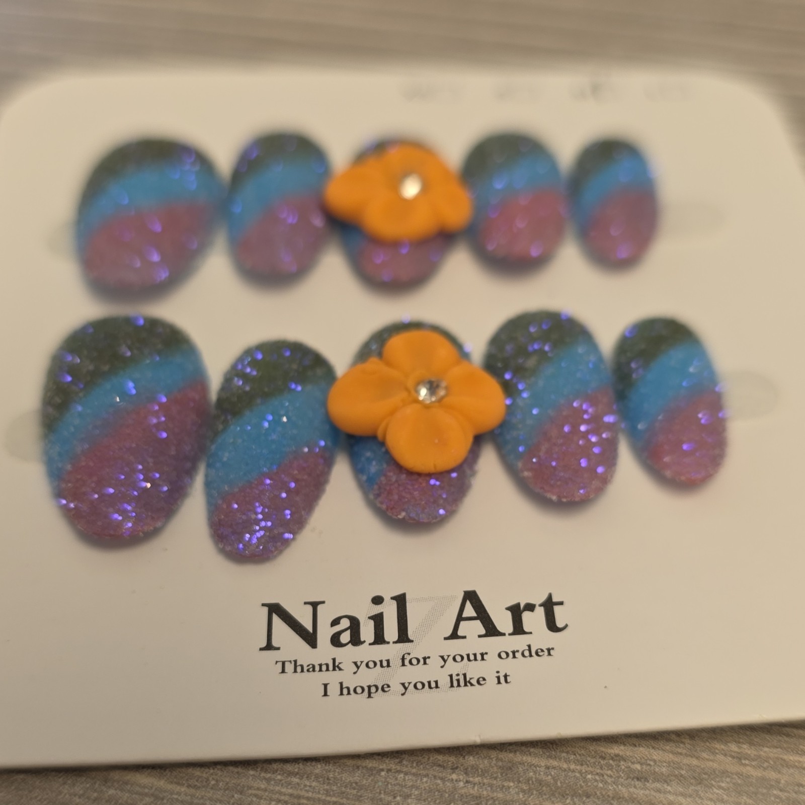 Nail Art Glitter Sugar Nails Flower 3D Medium Almond Press-On Set Full Cover