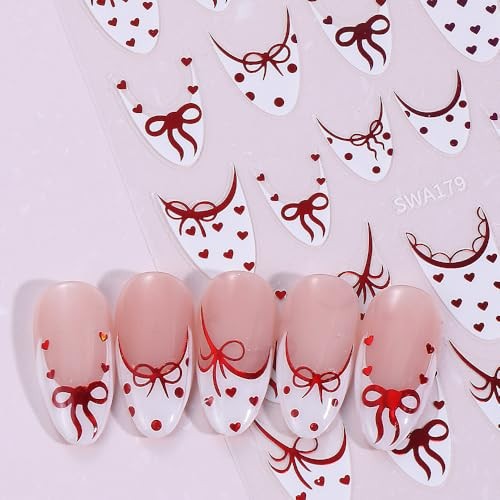 Valentine’s Day Nail Art Stickers Cute Bow French Tip 3D valentines desgins1