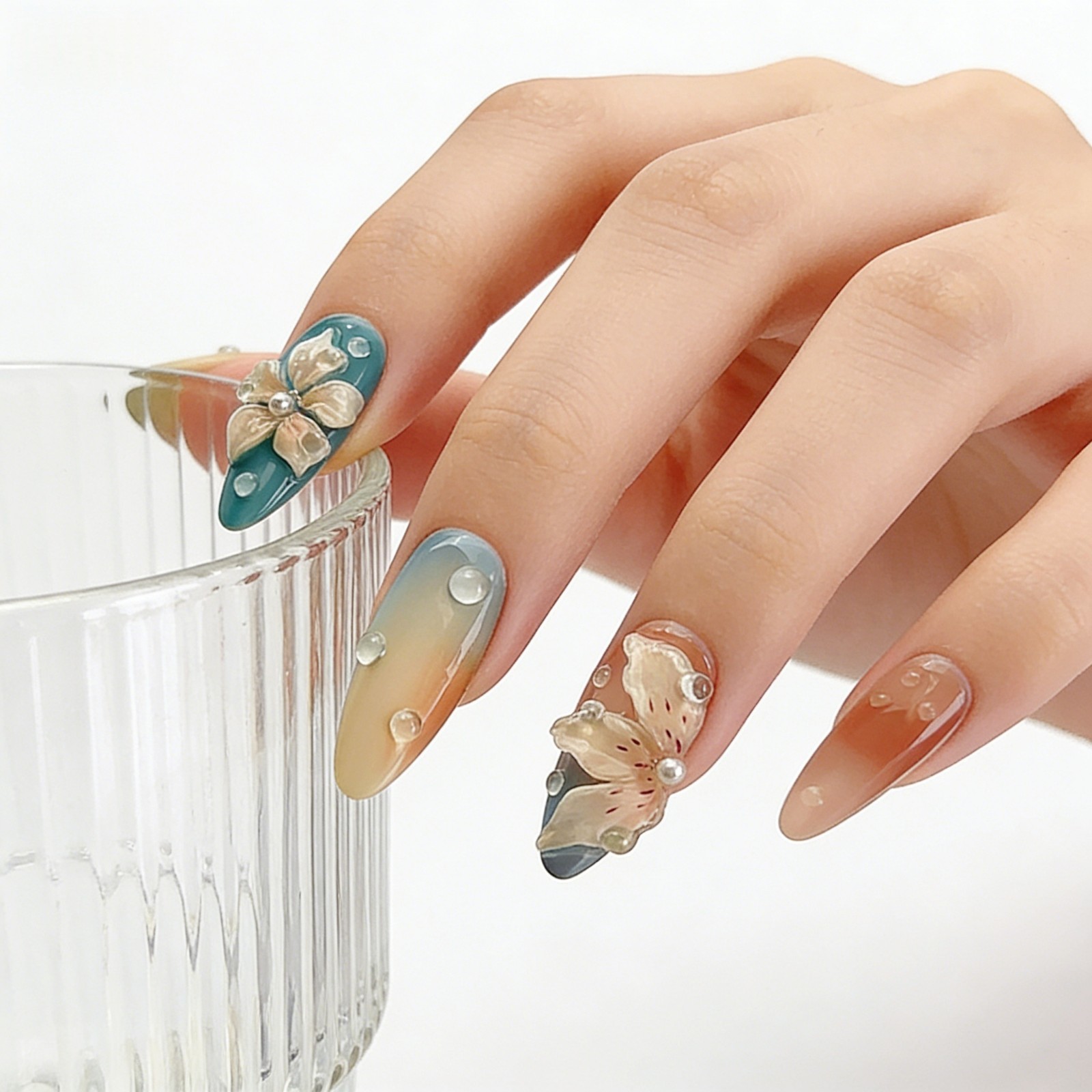 Blue Orange Flower Press On Nails Medium Almond 3D Waterdrop Glue On Set