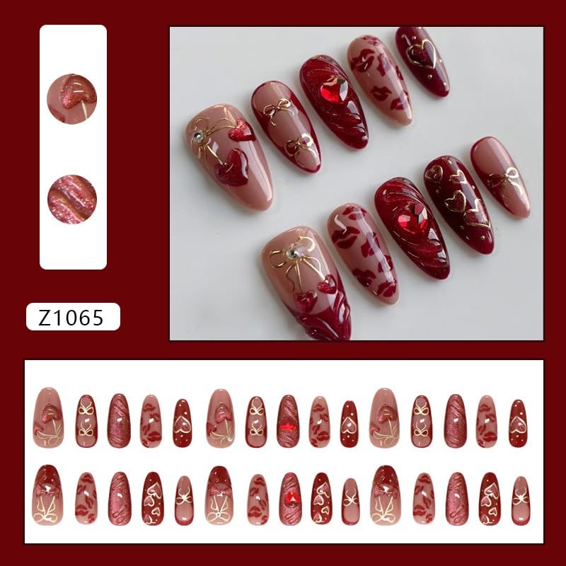 Mkwntg Heart Fake Nails-5 Rhinestone Cherry Bow
