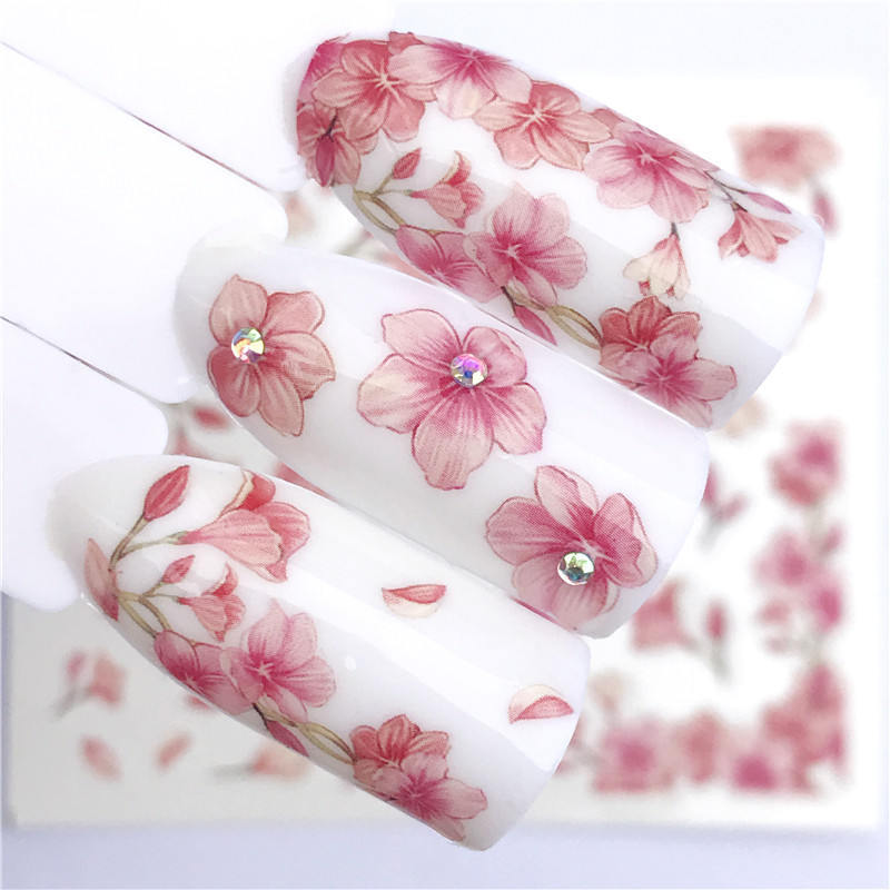 Nail Art Water Transfer Sticker Pink Flower Blossom Leaves Floral Decal Manicure