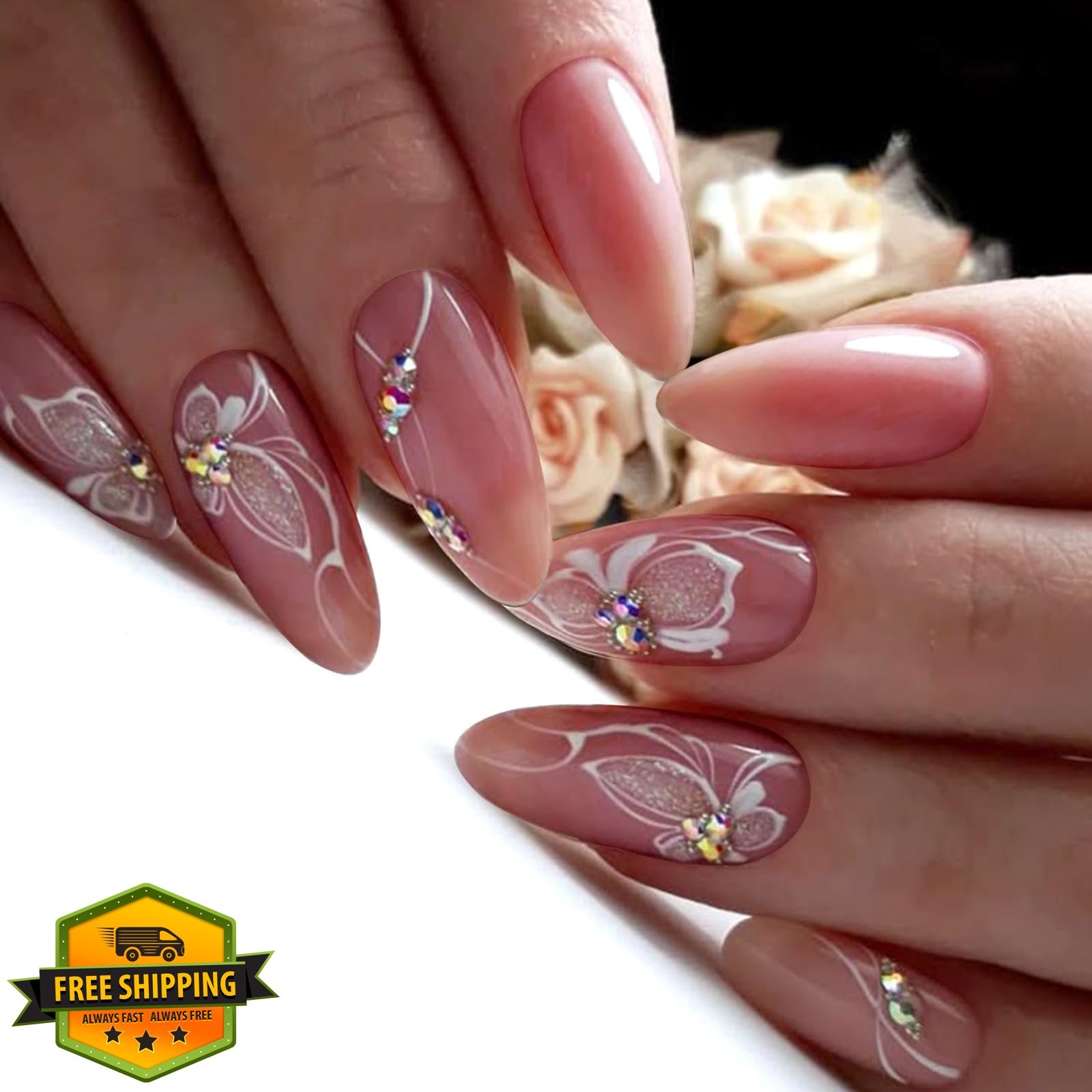 SEMATA Pink Almond Press on Nails Butterfly Rhinestone Spring 24Pcs