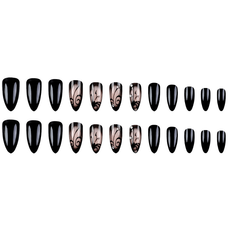 48pcs Almond Press on Nails, Black Smoke Vines Line Rhinestone Gothic Nails