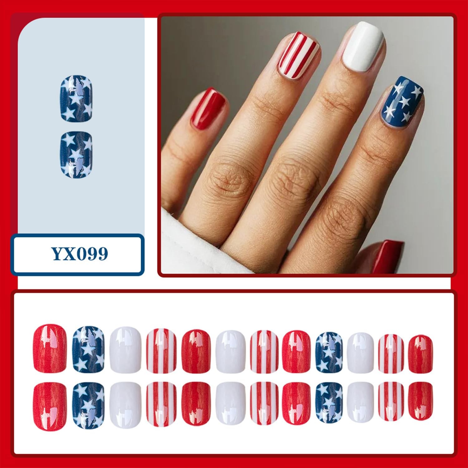 4th of July Press On Nails – Short Square Fake Nails – Patriotic Indep Nails – 7