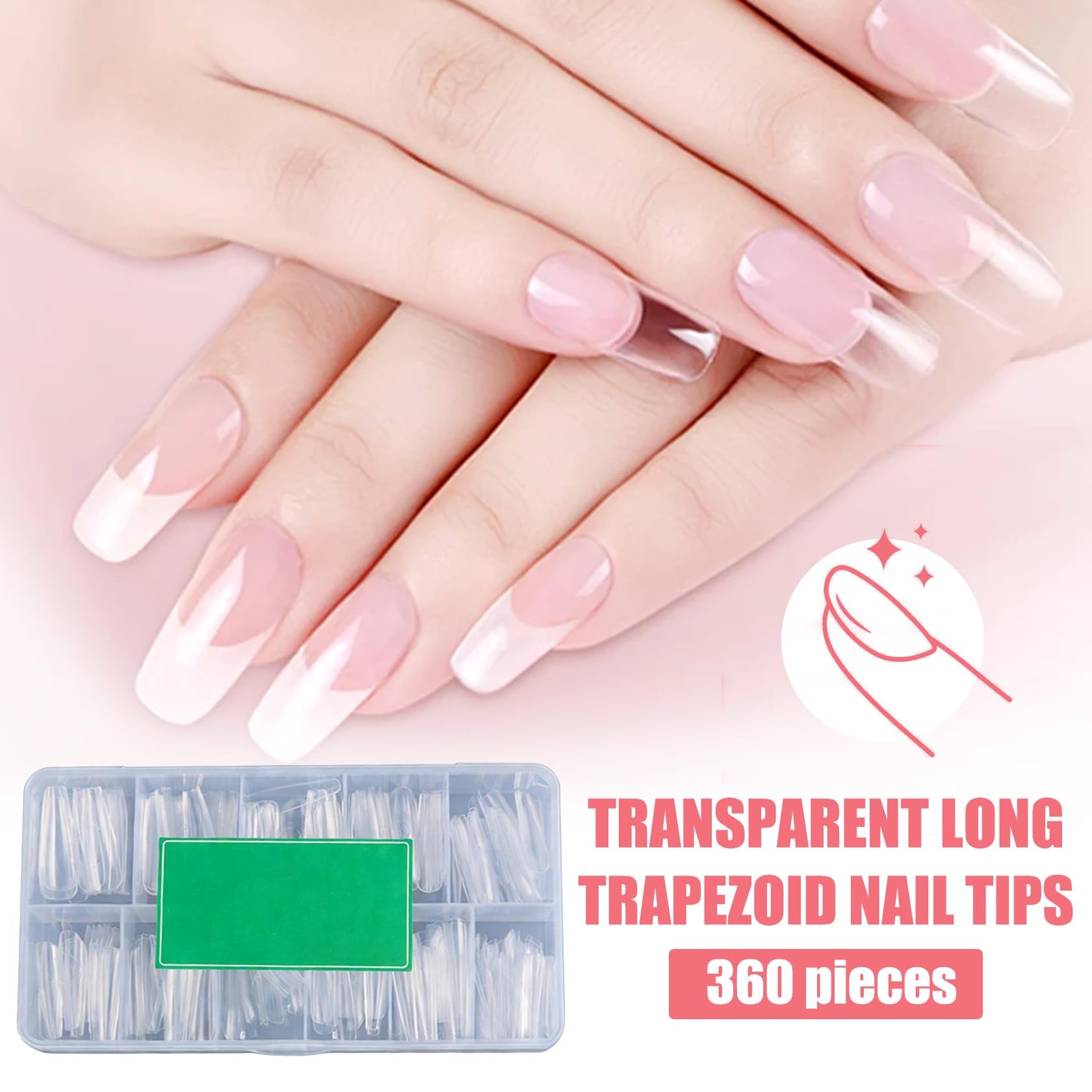 360Pcs Clear Long Coffin Nail Tips Full Set,Fake Nails Soft Gel Full&Half Cov…