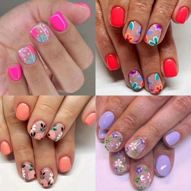 96pcs Vibrant Neon Pink Press On Nails Colorful Small Floral Manicure for Outing