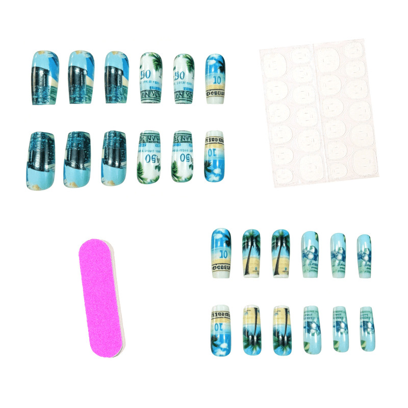 48 Pcs Beach Palm Coffin Press on Nails, Tropical Vacation Trendy Fake Nails