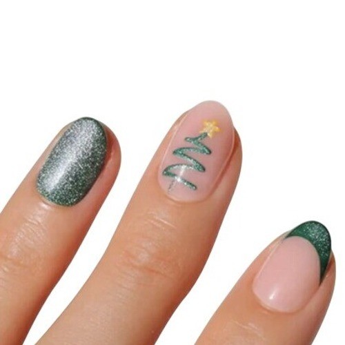 Glamnetic Press On Nails Short Oval Velvet Pine Holiday Green Tree Design