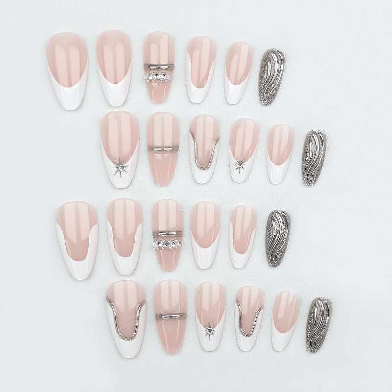 48Pcs Almond Press on Nails, Nude French Nails with Silver Curve and Rhinestones