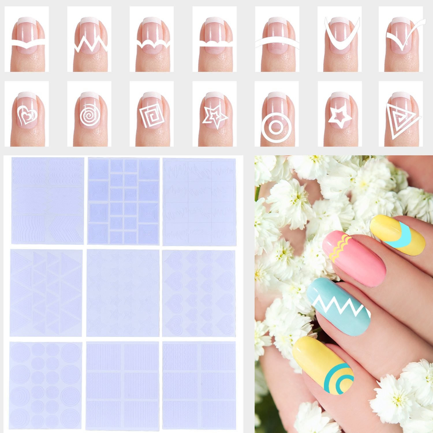 eBoot 1275 Pieces 49 Designs Nail Art Stencils French Tip Guides Stickers Form