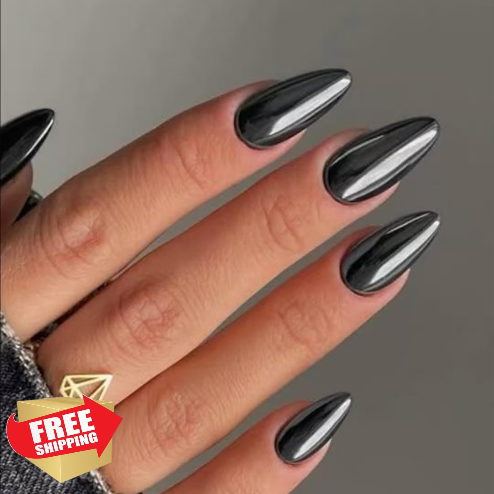 SEMATA Black Chrome Almond Press on Nails Medium Acrylic 24Pcs Bling