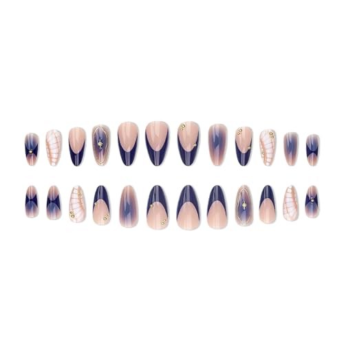 24Pcs Ombre Blue Press on Nails Medium Almond Fake Nails with Rhinestones