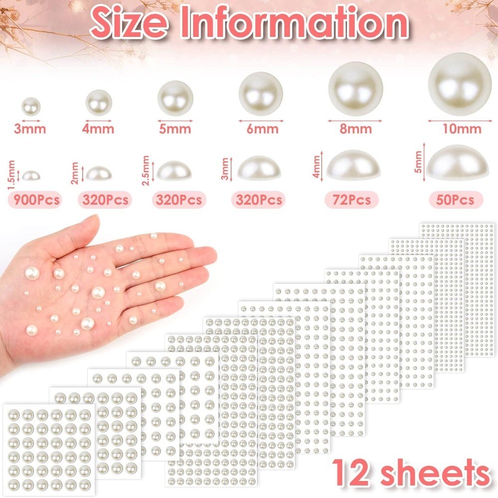 1980Pcs Self Adhesive Pearl Stickers, Pearls Sticker Gems for Hair, Face,