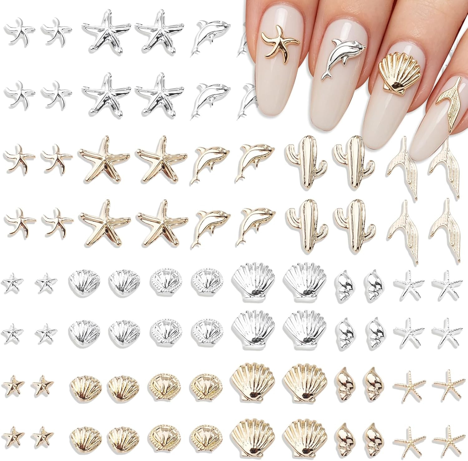 80Pcs Summer Beach Nail Charms Summer Ocean Nail Rhinestones Metal Small Starfis