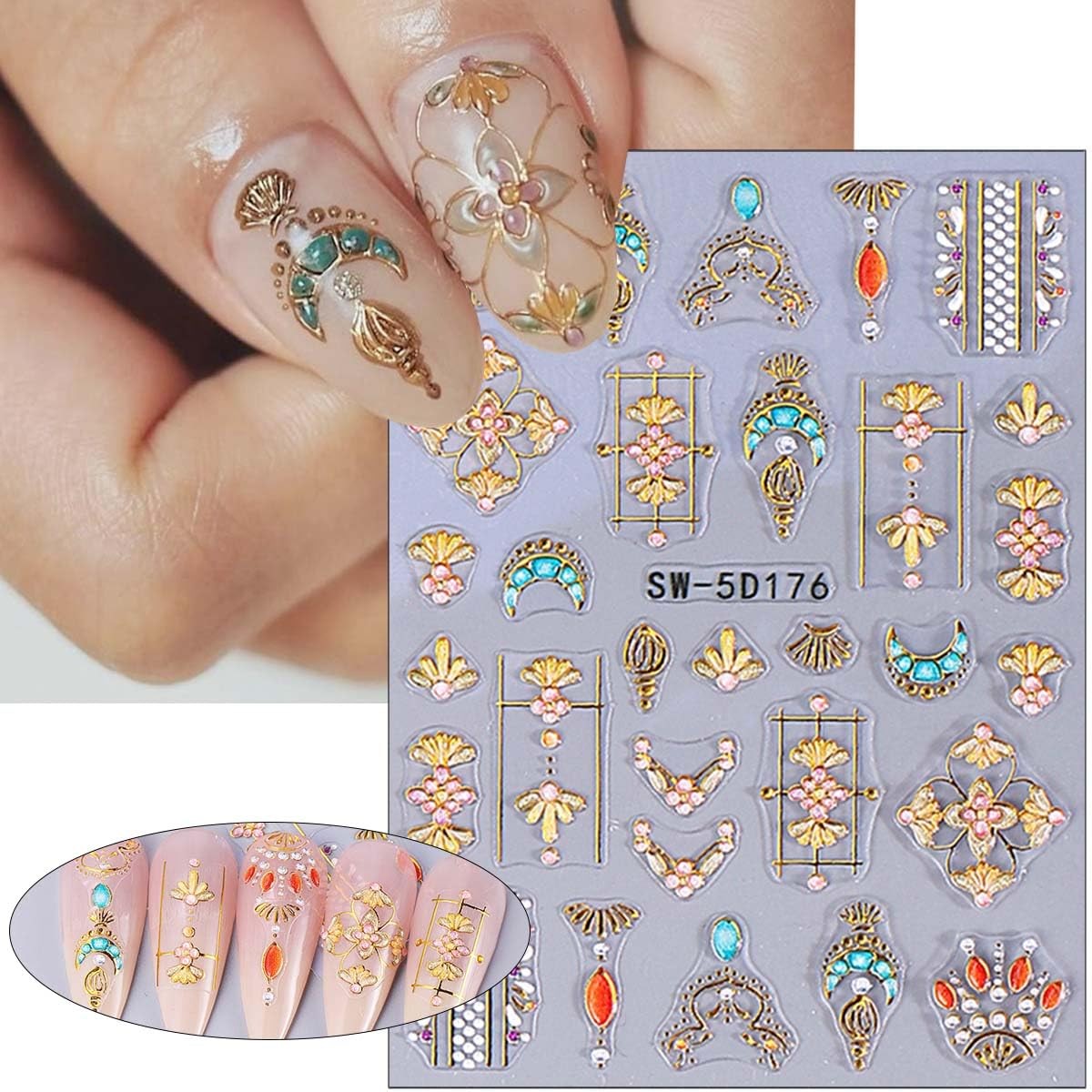 2 Sheets Embossed Sun Star Nail Stickers Bohemian Style Gold Nail Decals Sun …