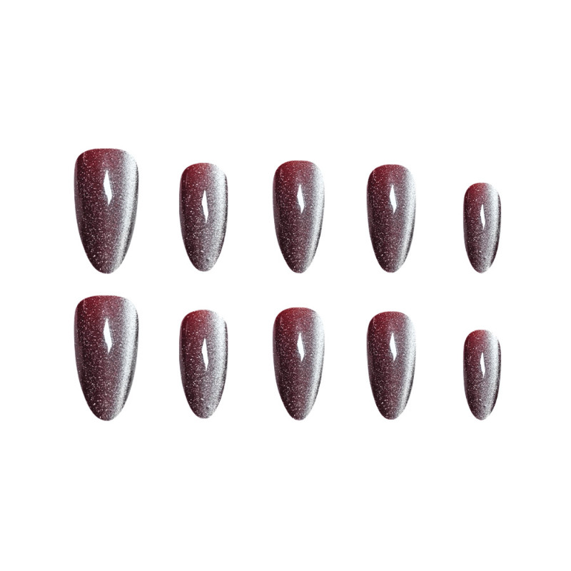 48 Pcs Wine Red Cat Eye Press on Nails, Medium Almond Metallic Shiny Fake Nails