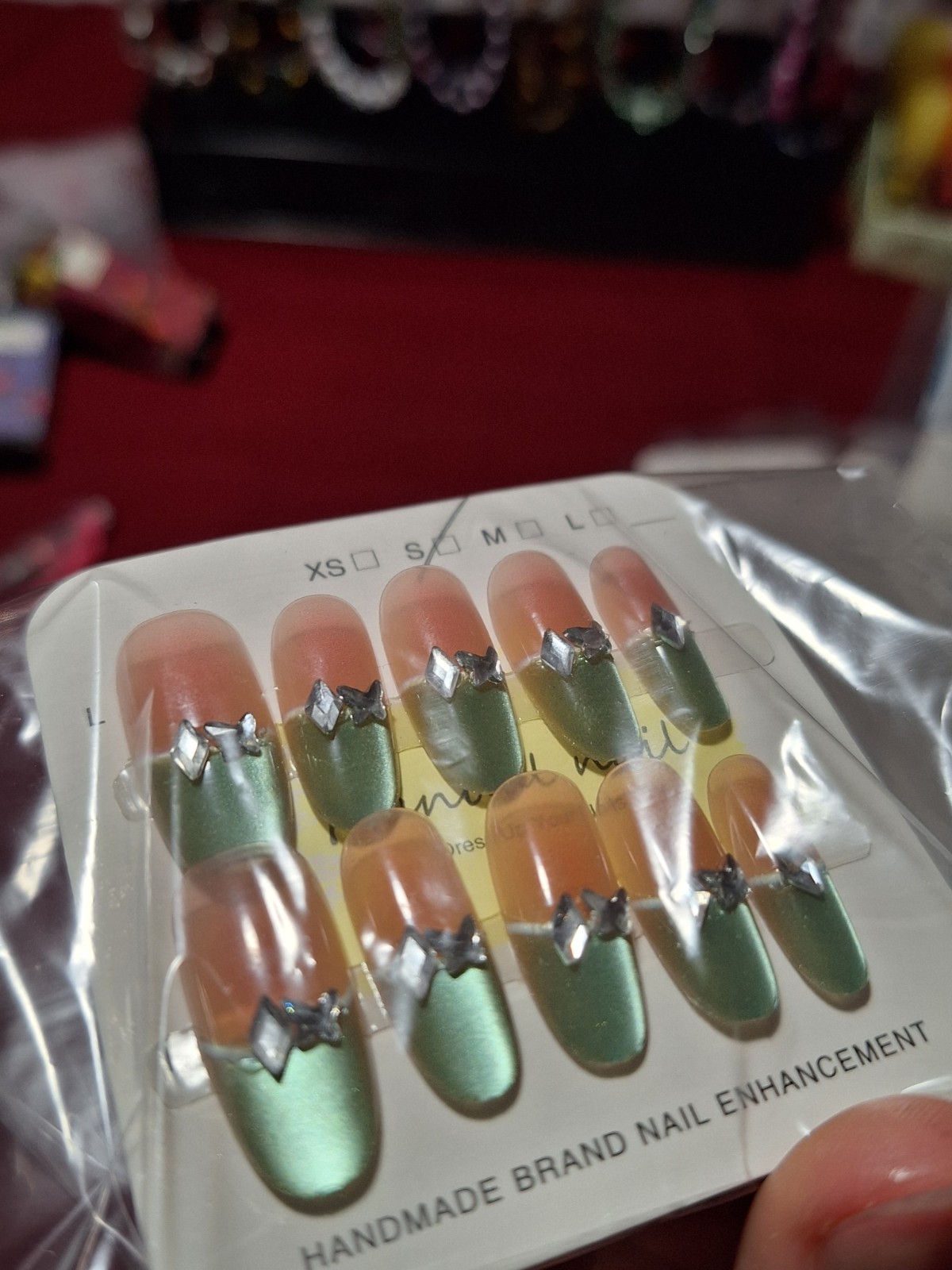 Handmade Small Press-On Nails Green Peach Square Butterfly 3D Full Cover