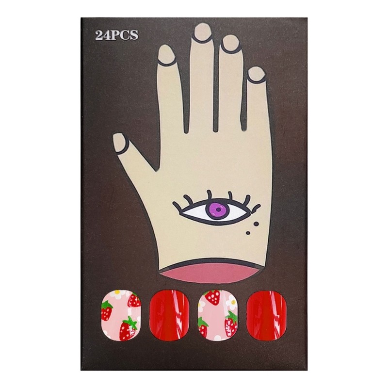 24x/Box Lovely Strawberry False Nails Short Press On Nails Full Cover Nail Tips