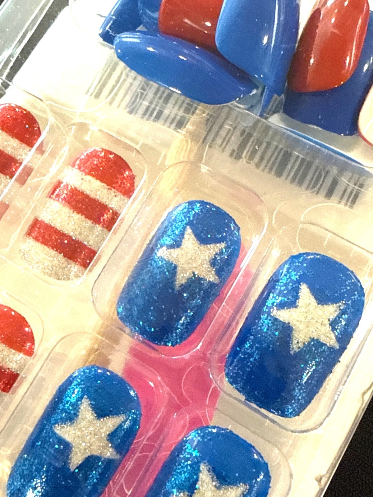 4th Of July Red White +Blue Stars & Stripes 24pc Glitter Patriotic Squoval Nails