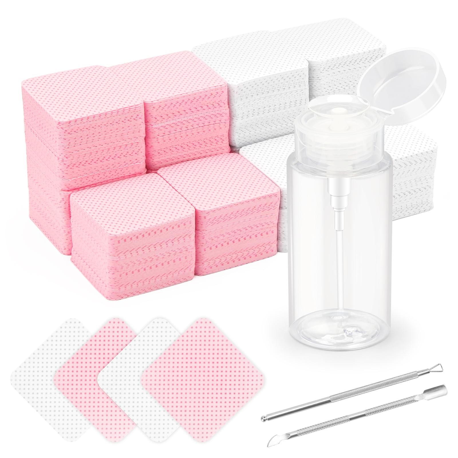 1080 + 3 Pcs Lint Free Nail Wipes Kit, Disposable Polish Pink+white