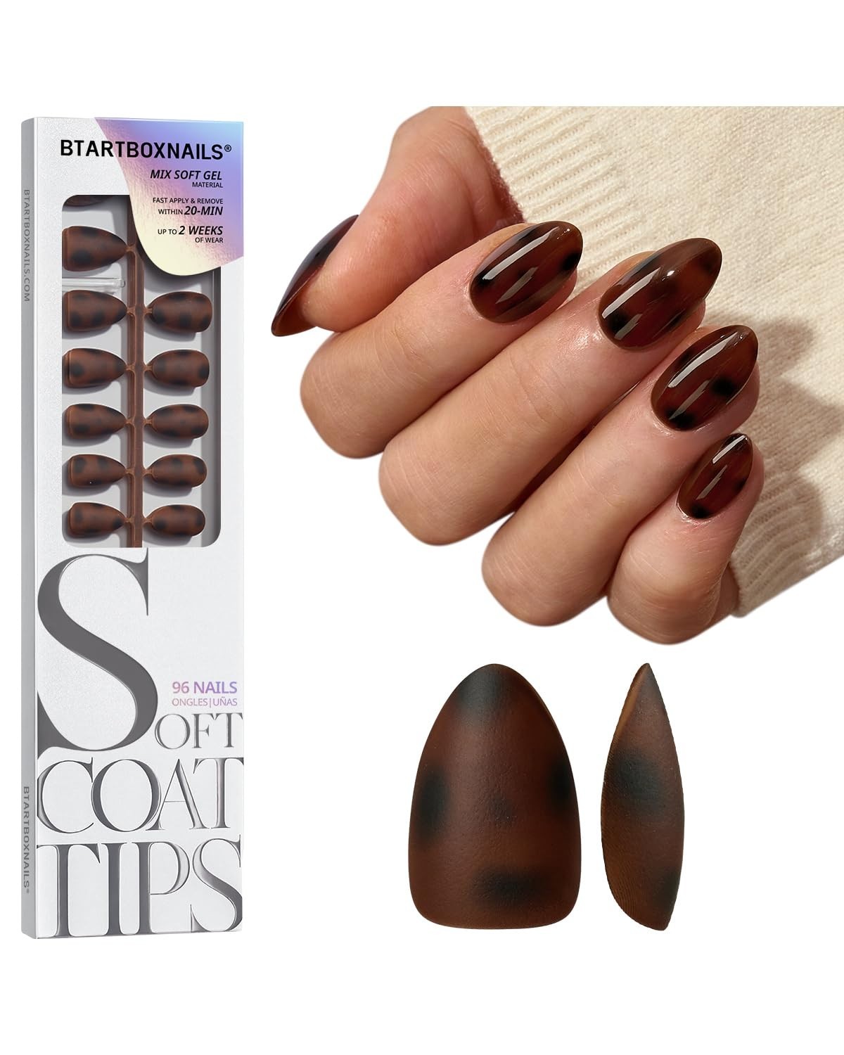 BTArtboxnails SOFTCOATTIPS Tortoiseshell Press On Nails, Short Almond | 2+ Weeks