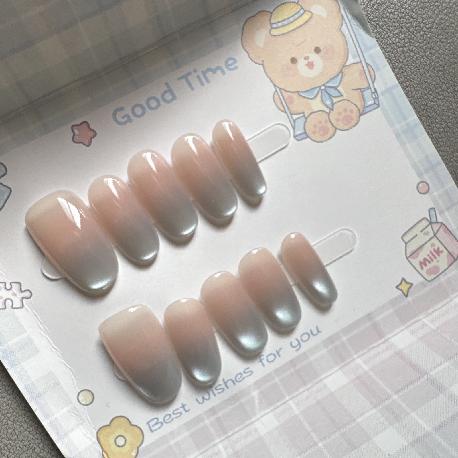 Press-On Nails Medium Square Pink/Gray Ombre Shiny Full Cover Pre-Designed