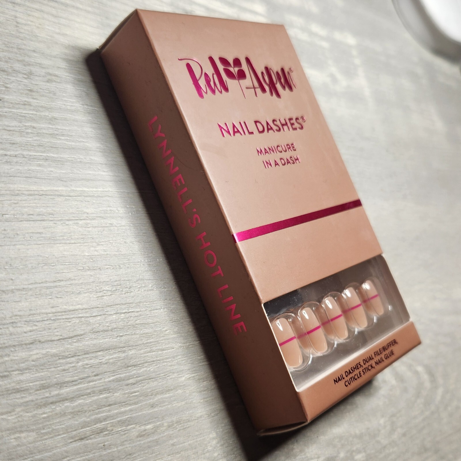 Press On Nails Lynelle’s Hot Line Short Square Nude with Magenta Dash Red Aspen