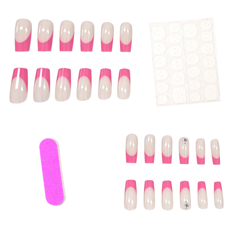 48 Pcs Hot Pink French Coffin Press on Nails, Bright Y2K Daily Nude Fake Nails