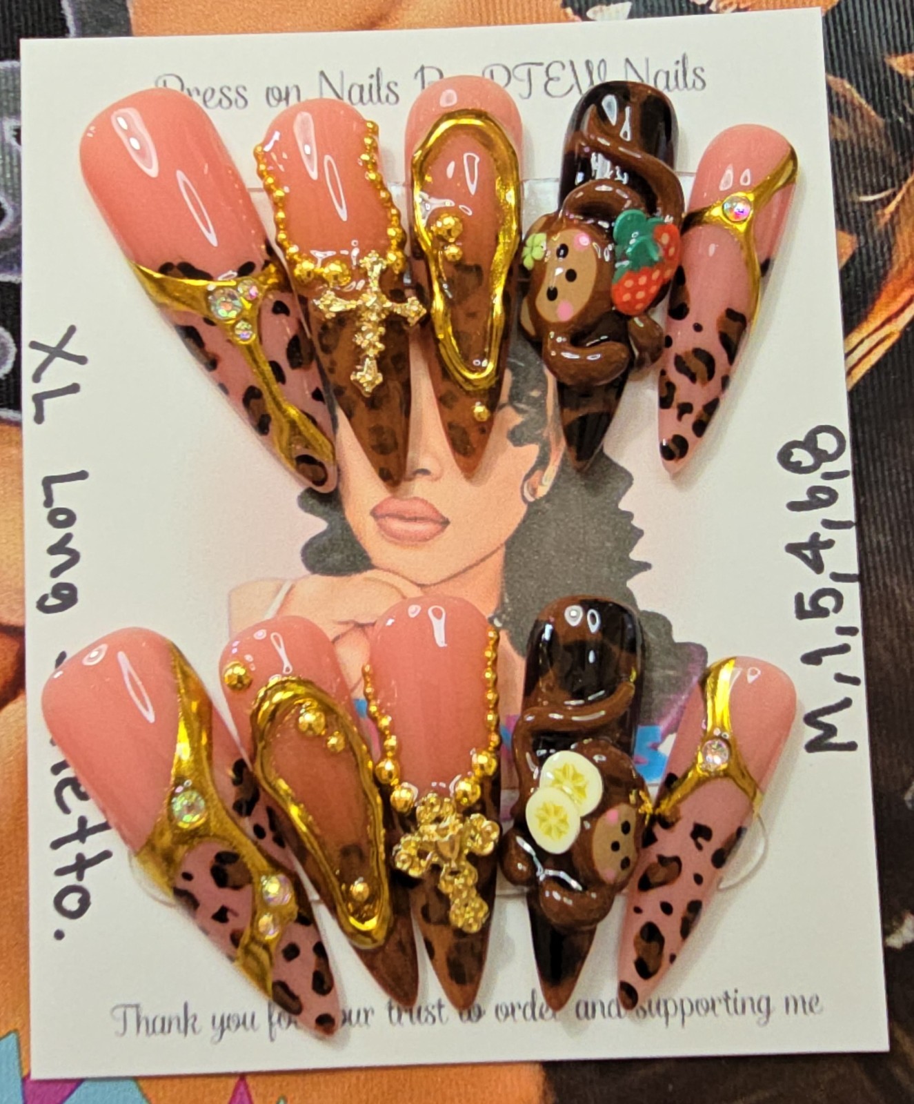 Handmade Gel Press On Nails,Naughty Monkey, Medium Size 1,5,4,6,8 XL Long Stilet