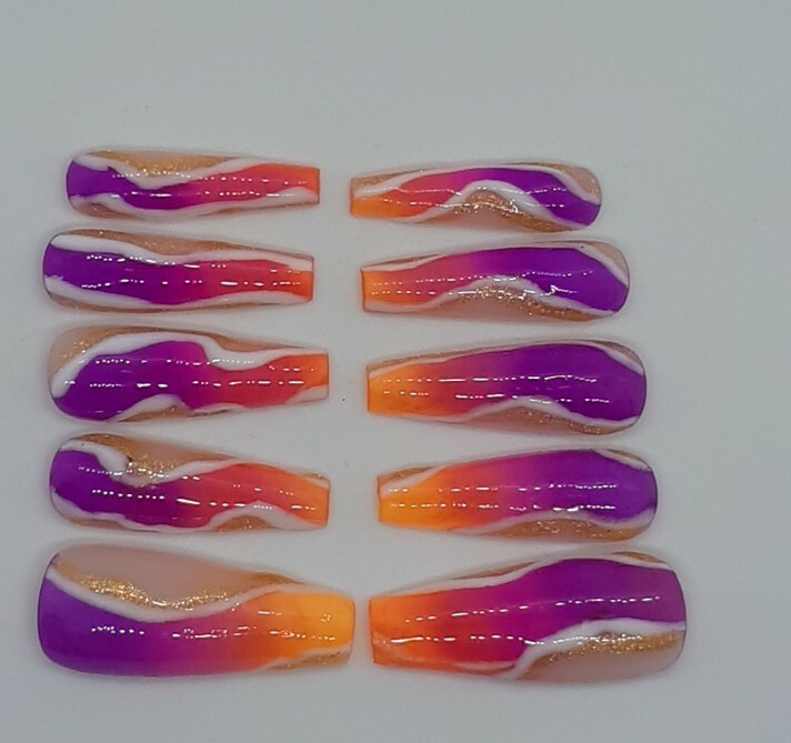 Pink Purple Orange Ombre White Gold Press on Nails Handmade Neon Tropical Nails