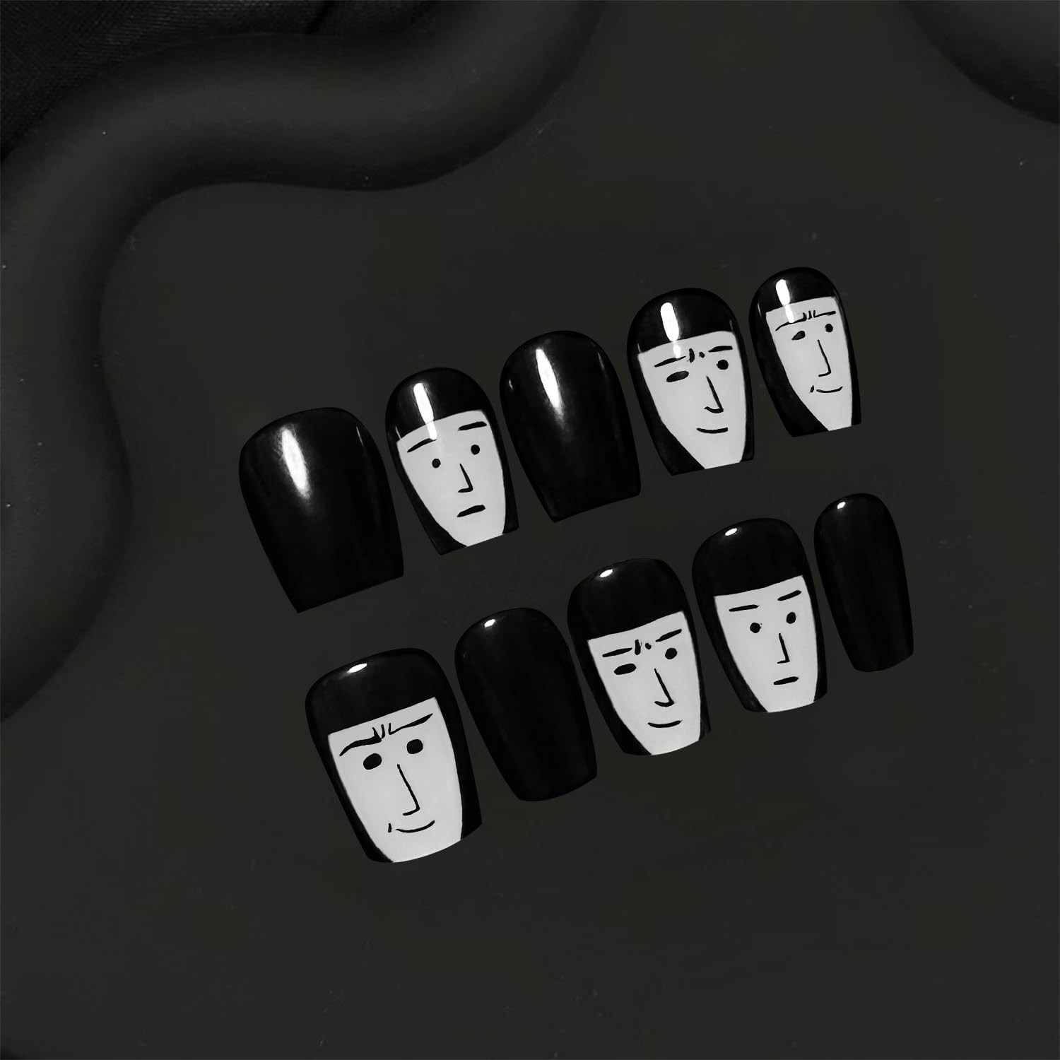 GREENTEA Handmade Nail Artistic Design Press-On Nails, Black and White Cartoo…