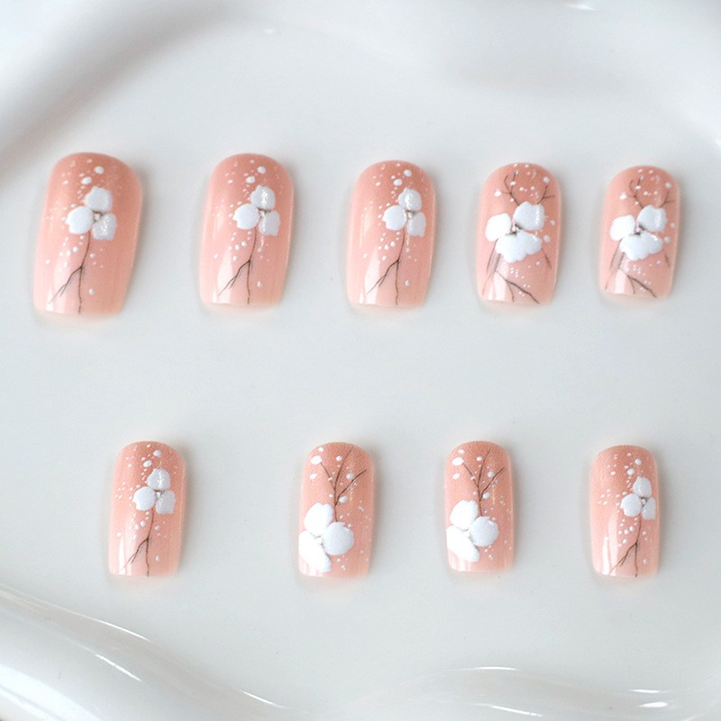 48Pcs-Medium Coffin Nude Gradient Cherry Blossom Snow Dot Press on Nails