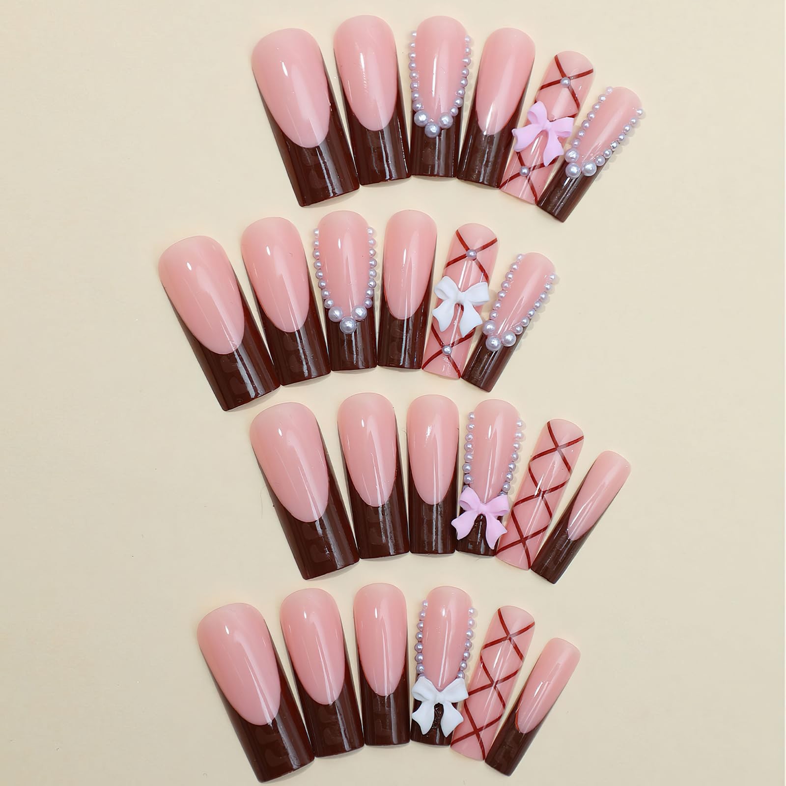 Brown French Tip Press on Nails Long Square Coffin Fake Nails Glossy Full Cov…