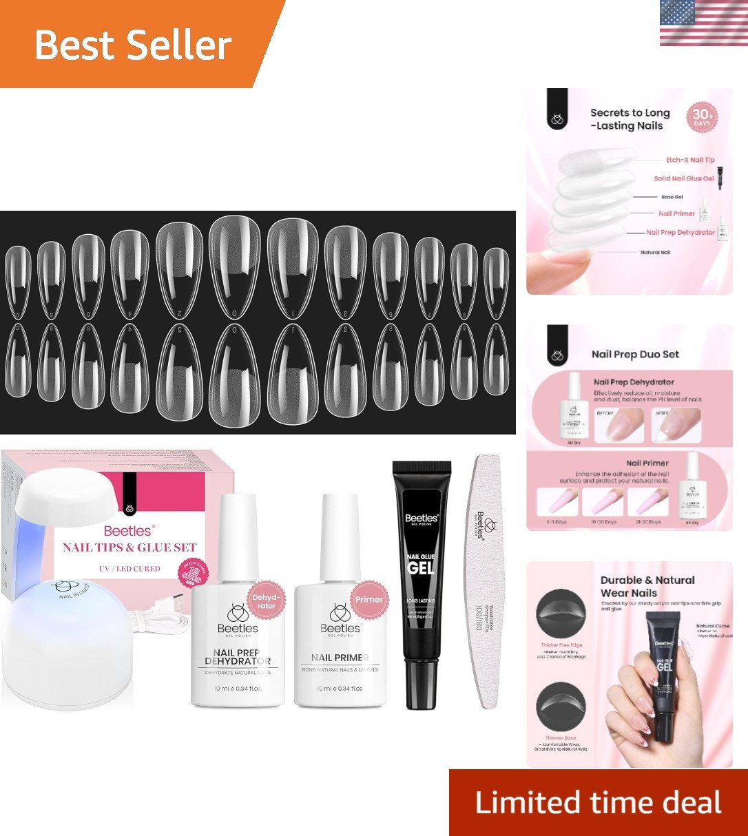Beetles Gel Nail Kit Medium Almond with Dehydrator and Primer, 576Pcs Half Ma…