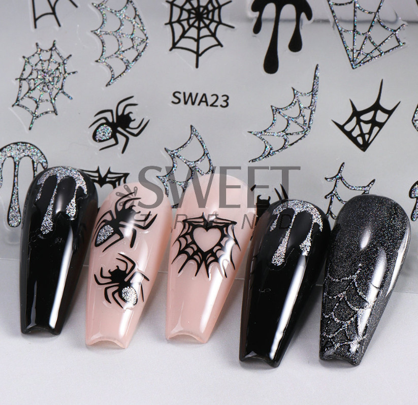 Halloween Nail Art Stickers Black Red Spider Web Blood Star French Decals NH27