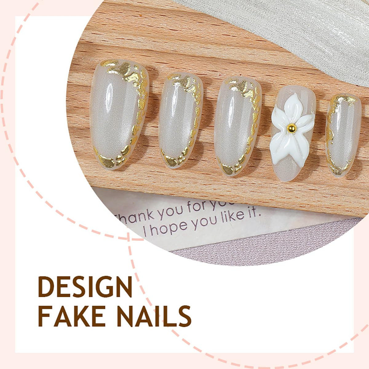 30Pcs White Flower Press on Nails Medium Almond Fake Nails Gold Lines with Chrom