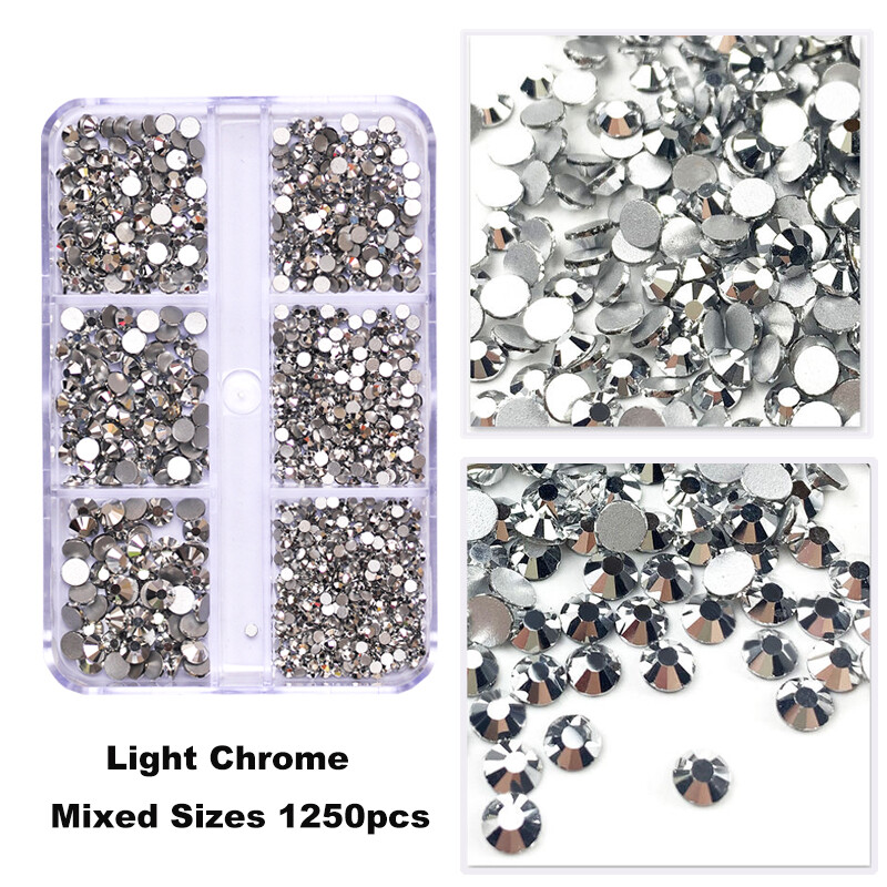 No Hotfix Nail Art Rhinestones 6 Grids SS4-SS16 Flat Back Crystal With tools