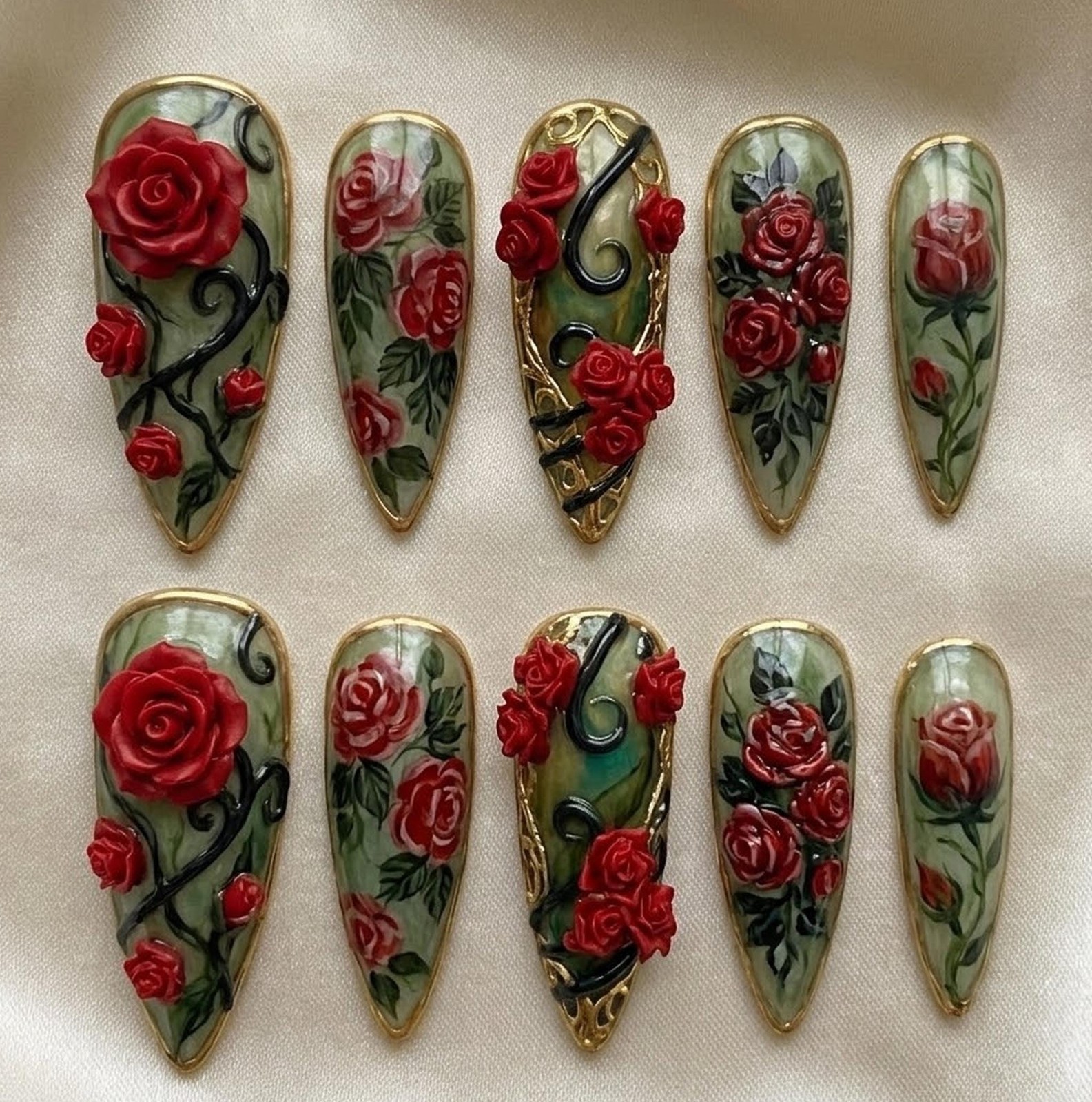 Custom Handmade Gothic 3D Red Rose Metal Frame Jade Base Stiletto Press on Nails