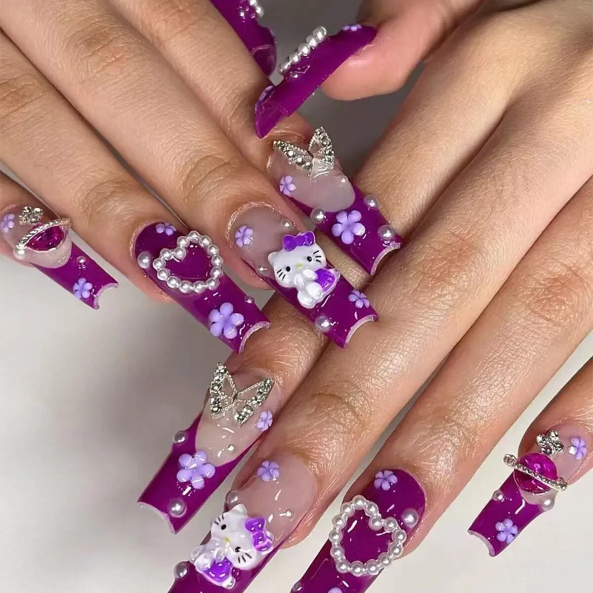 Love Pearl French Artificial Fingernails Purple Hello Kitty Cat Nail Art Silver