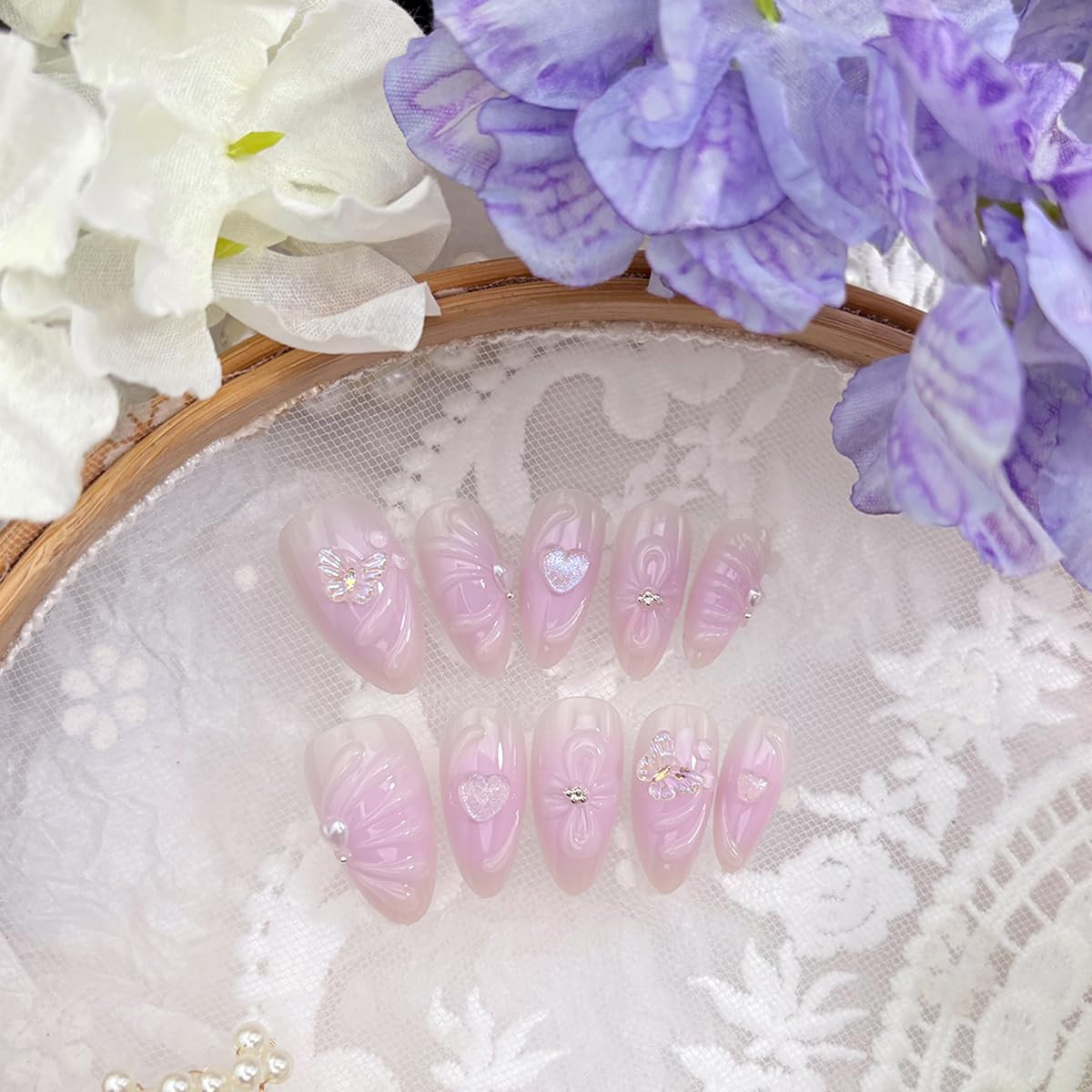 24Pcs Spring Flower Press on Nails Medium Almond Gradient Purple False Nails wit