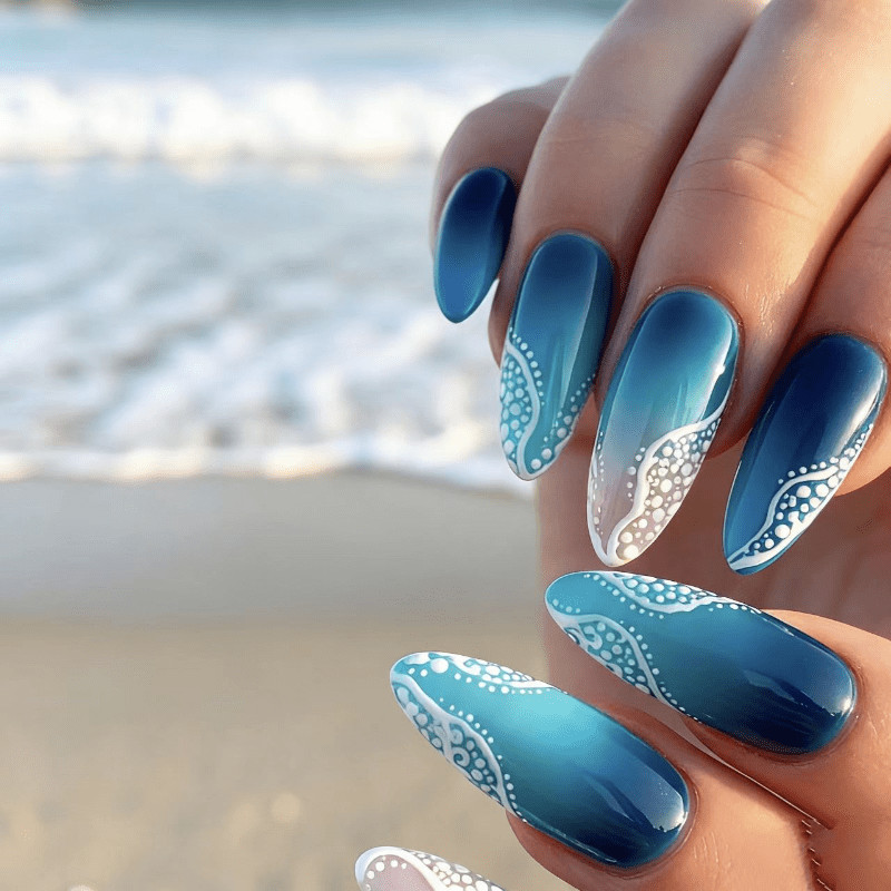 48 pieces of medium length almond nail, blues wave gradient, wearable nail art
