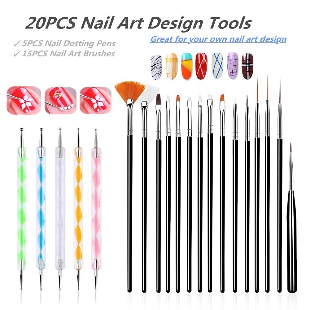 Professional 20PCS Nail Art Brush Set with Dotting Pens for Stunning Designs