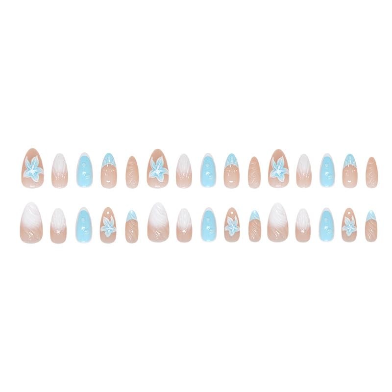 30Pcs Sea Blue Press on Nails Medium Almond Fake Nails Icy Lily Floral 3D Bub…